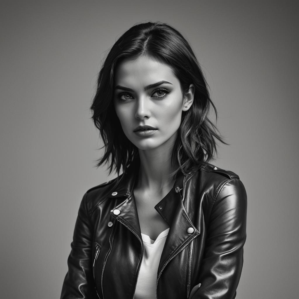 Dark-Haired Woman in Leather Jacket: Black and White Photo