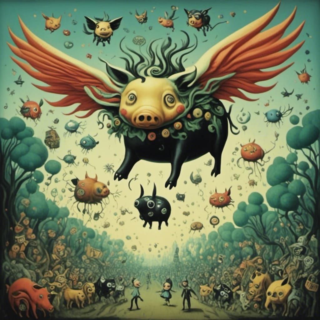 Flying Pigs at Airshow in Woodcut Whimsy Style