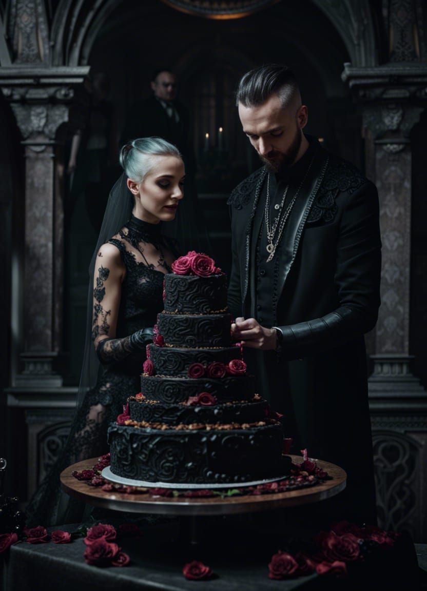 Newly married goth couple cutting wedding cake