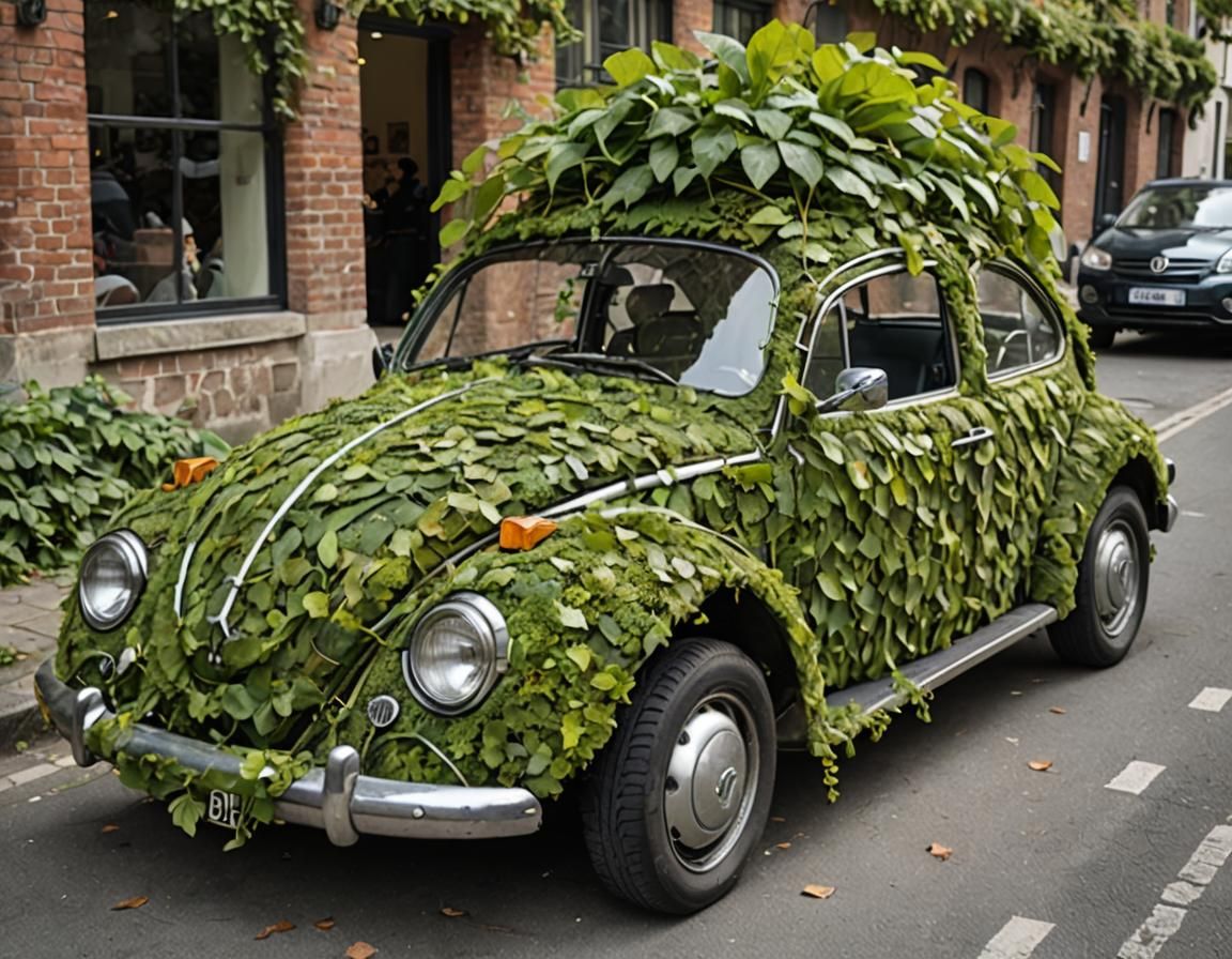 VW Beetle Car Made of Vines and Green Foliage