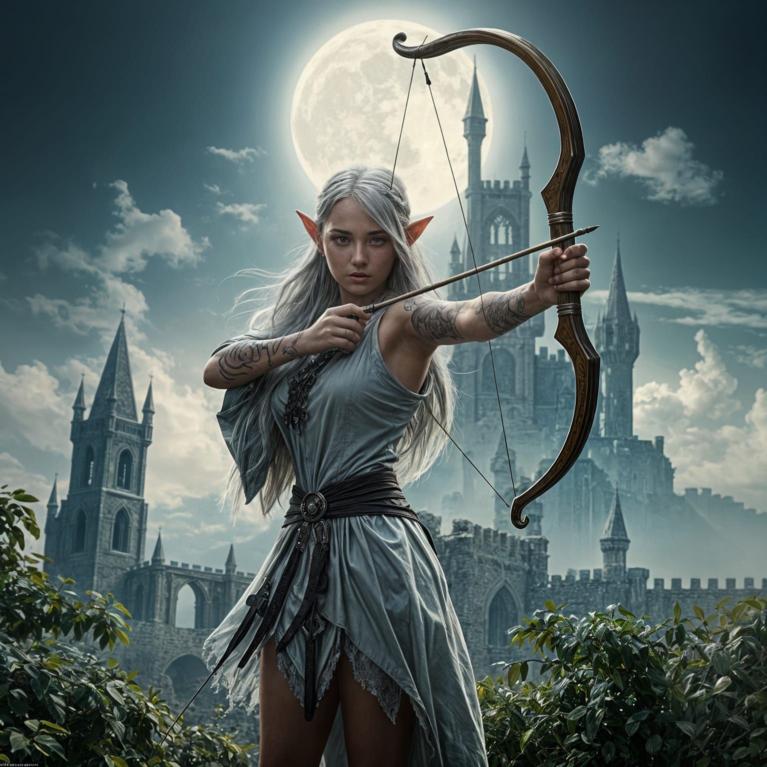 Medieval themed,Young female elf, silver hair, tribal tattoo...