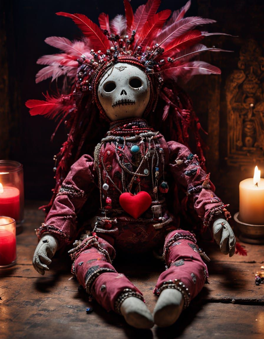 Mystical Voodoo Doll in Oil Painting Style, Adorned with Bea...