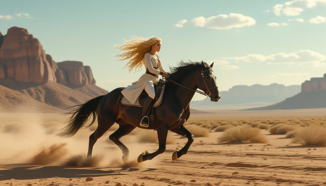 Blond Woman Rides Black Stallion Across Desert