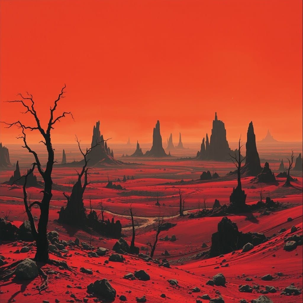 Haunting Crimson Desert Landscape in Monochrome
