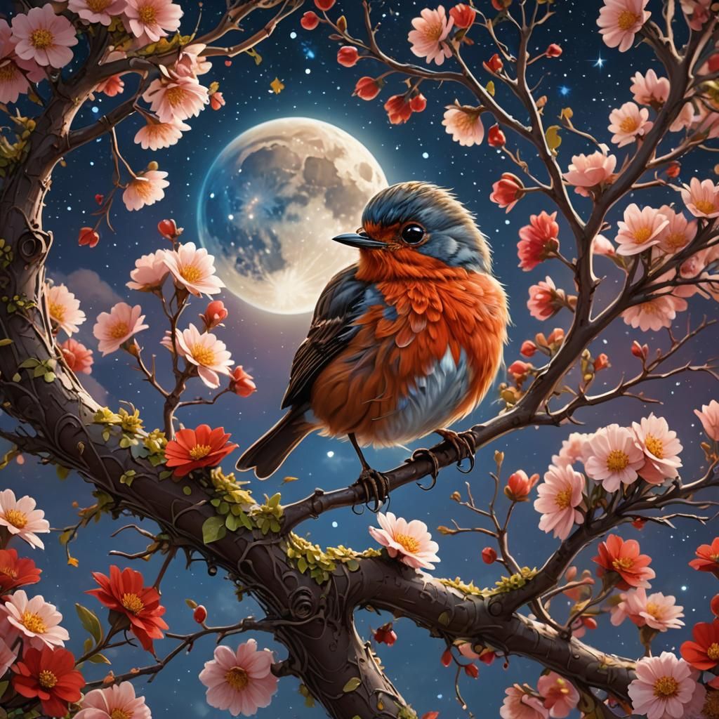 Fluffy Red Robin with Blue Eyes in Starry Scene