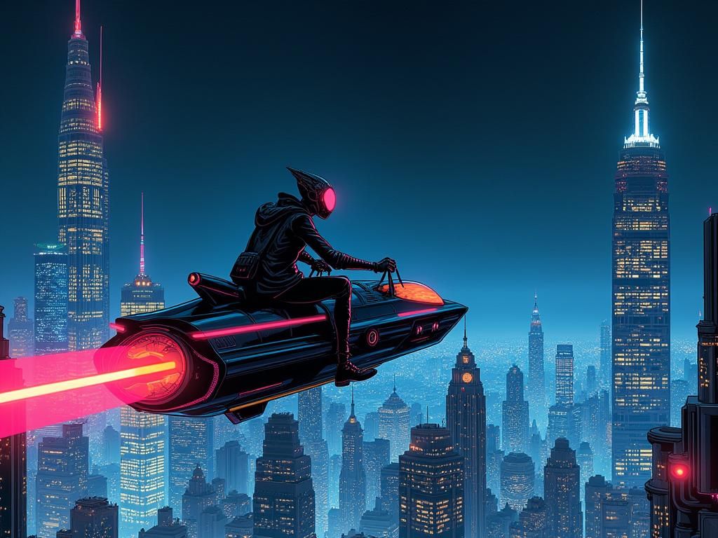 Alien Rider in Futuristic Cityscape: Moebius Illustration