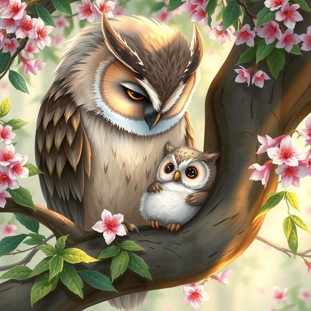 Mother Owl and Baby Owl in Whimsical Watercolor Style
