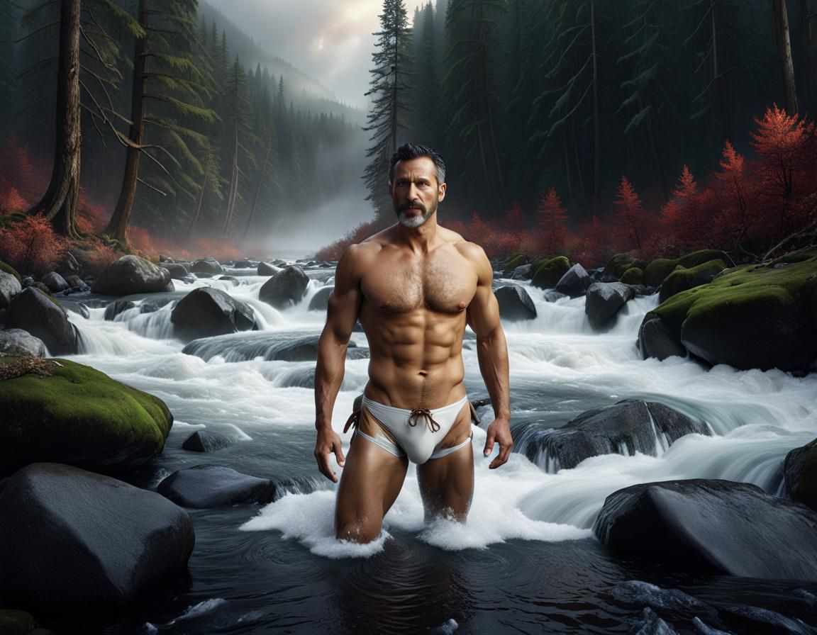 Man Emerges from Snowy Forest Stream