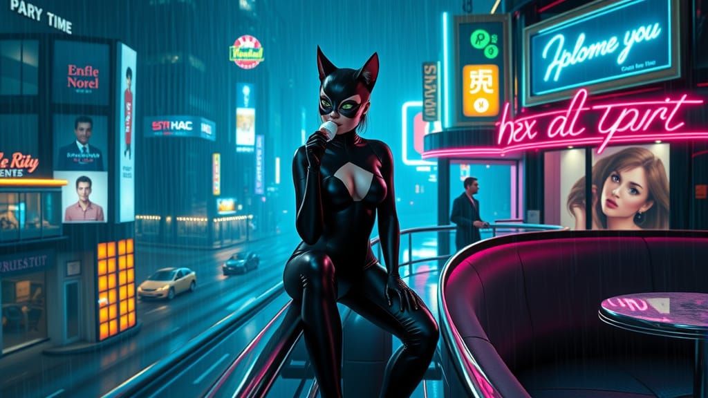 Cyberpunk Cat-Woman in Futuristic Cityscape