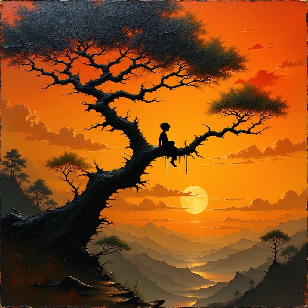 Surreal Sunset Boy Silhouette Oil Painting Art
