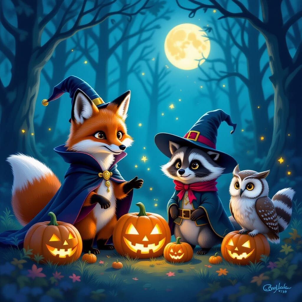 Whimsical Animals in Halloween Costumes Digital Painting