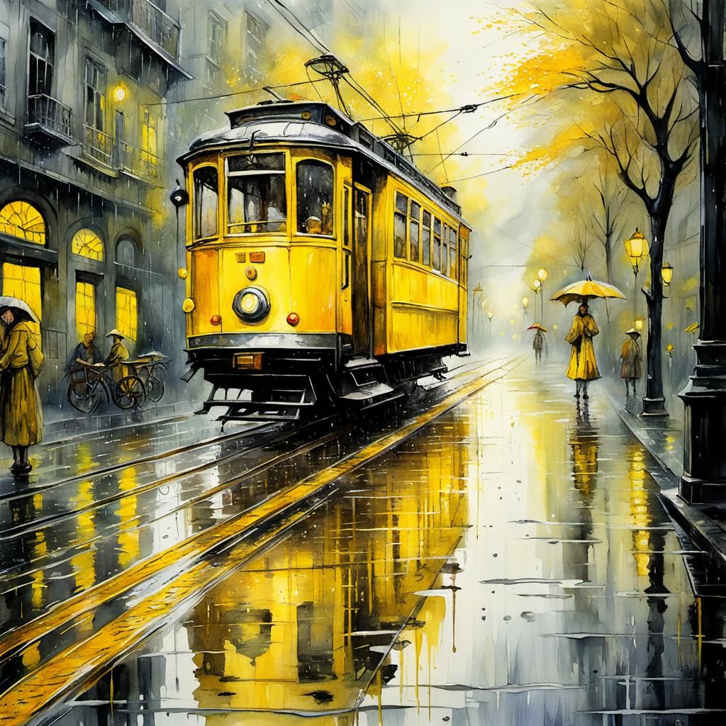 Fairytale Yellow Tramway in Rainy Watercolour Style