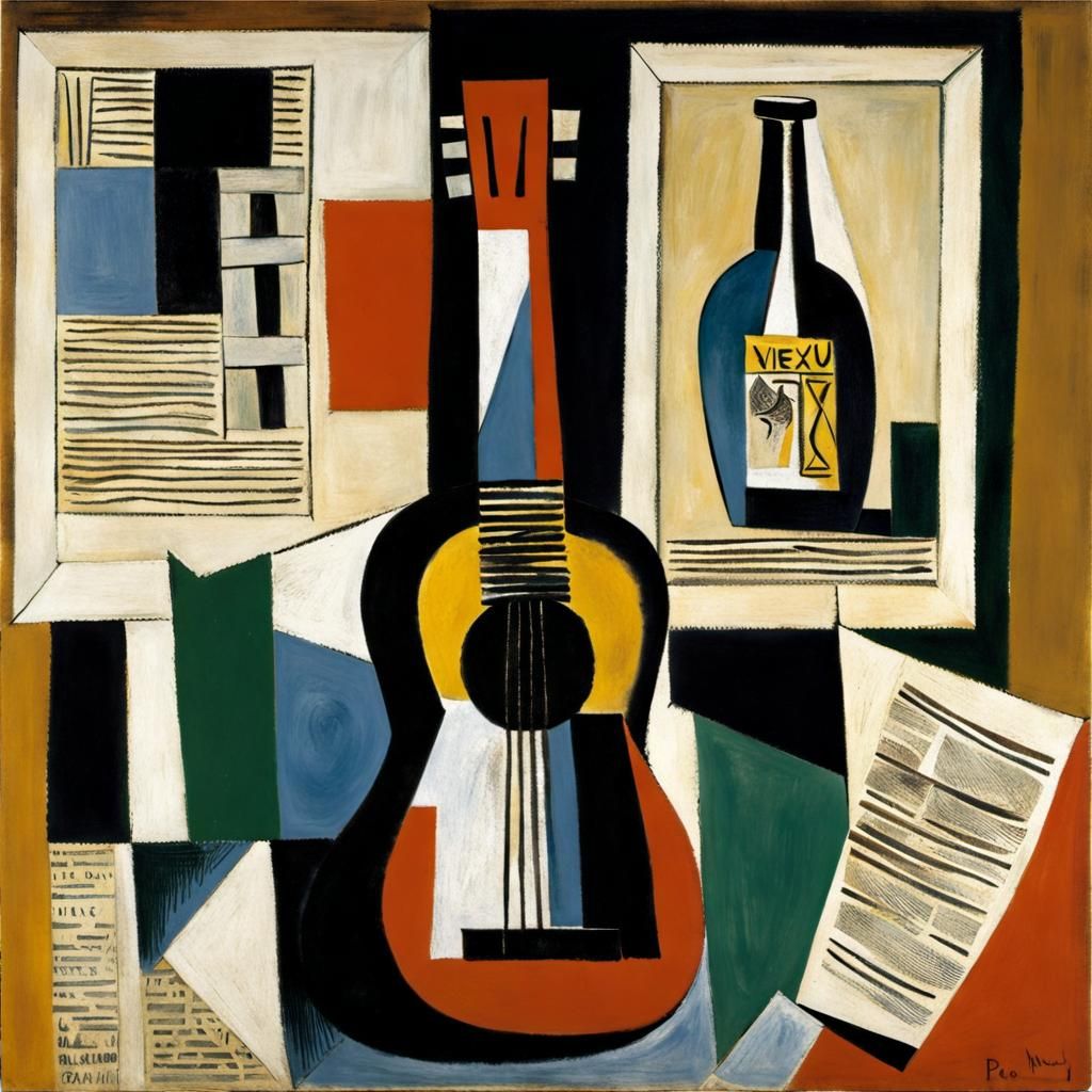 Cubist Still Life with Guitar and Newspaper