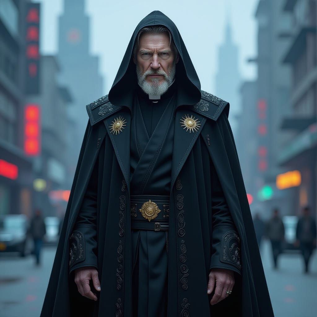 Cyberpunk Priest Liam Neeson in Dystopian City