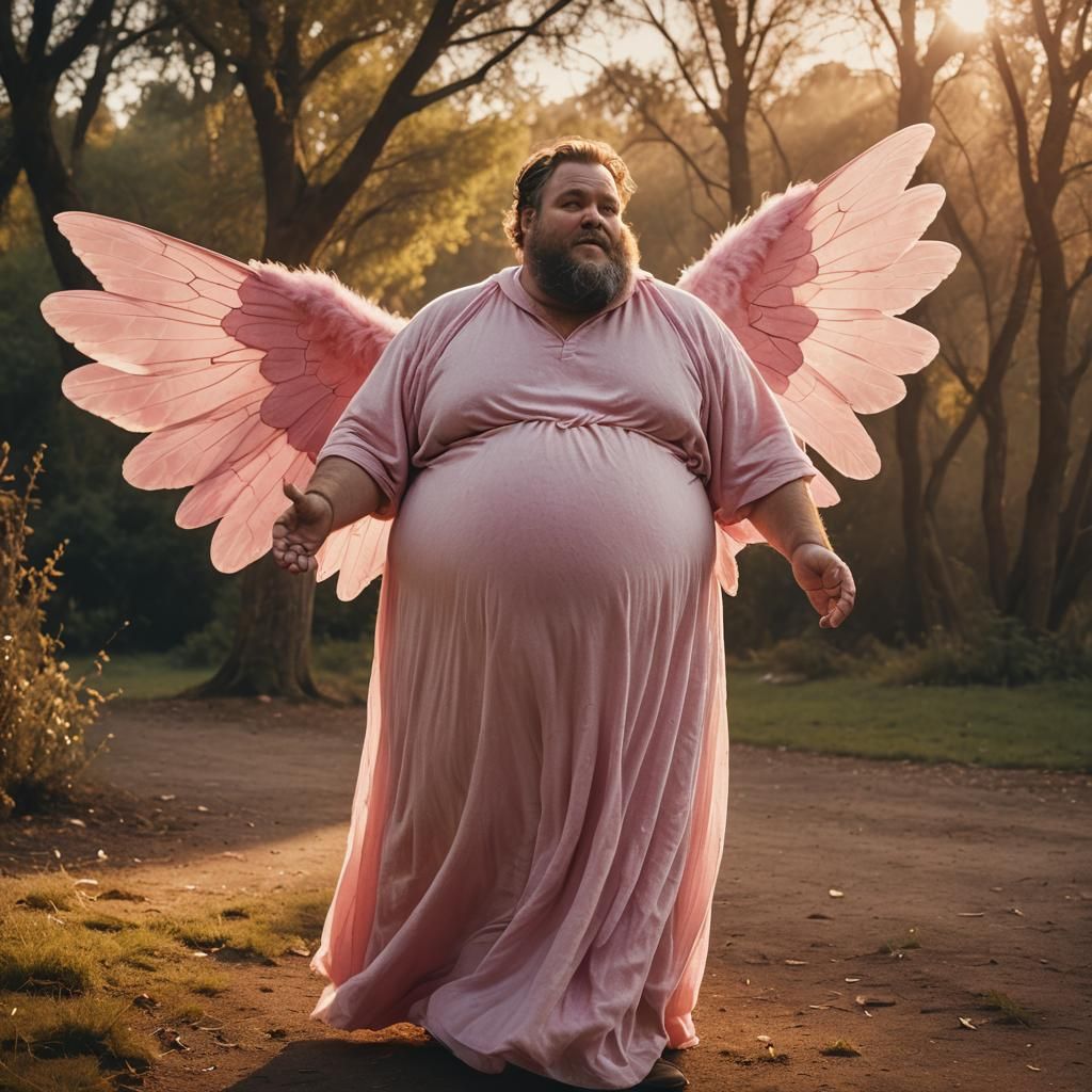 Man in Pink Dress with Wings: Cinematic Film Still