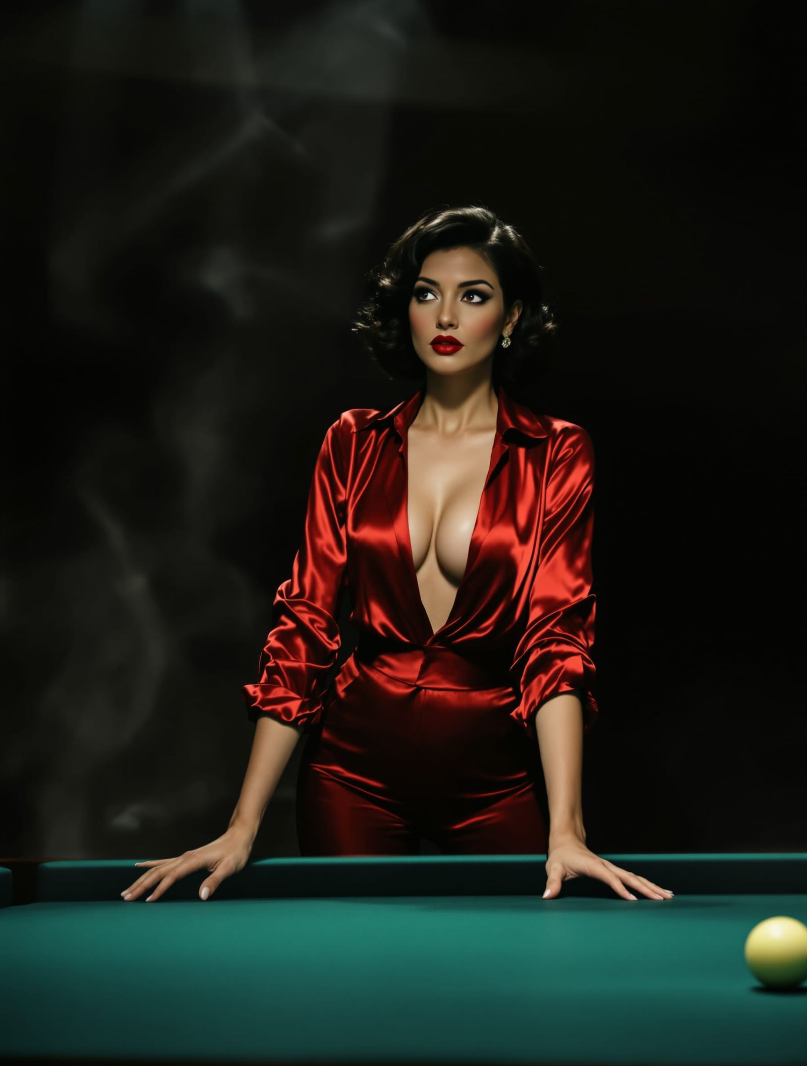 Woman in Red Satin Next to Billiards Table