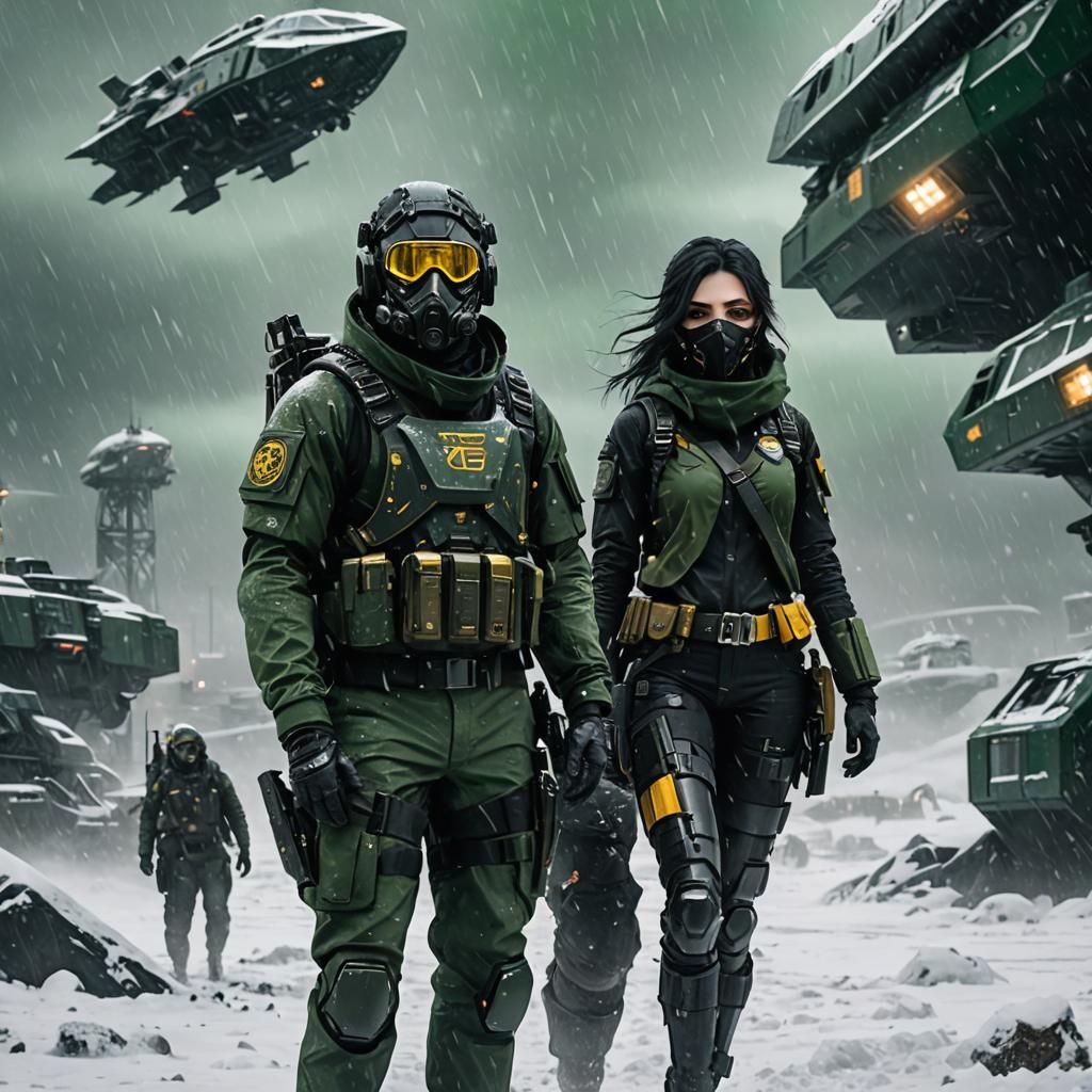Tactical Goth Girl and Masked Man in Sci-Fi Snowstorm