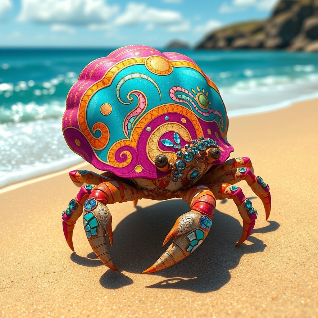 Psychedelic Hermit Crab on Sunny Beach, Dreamlike Art