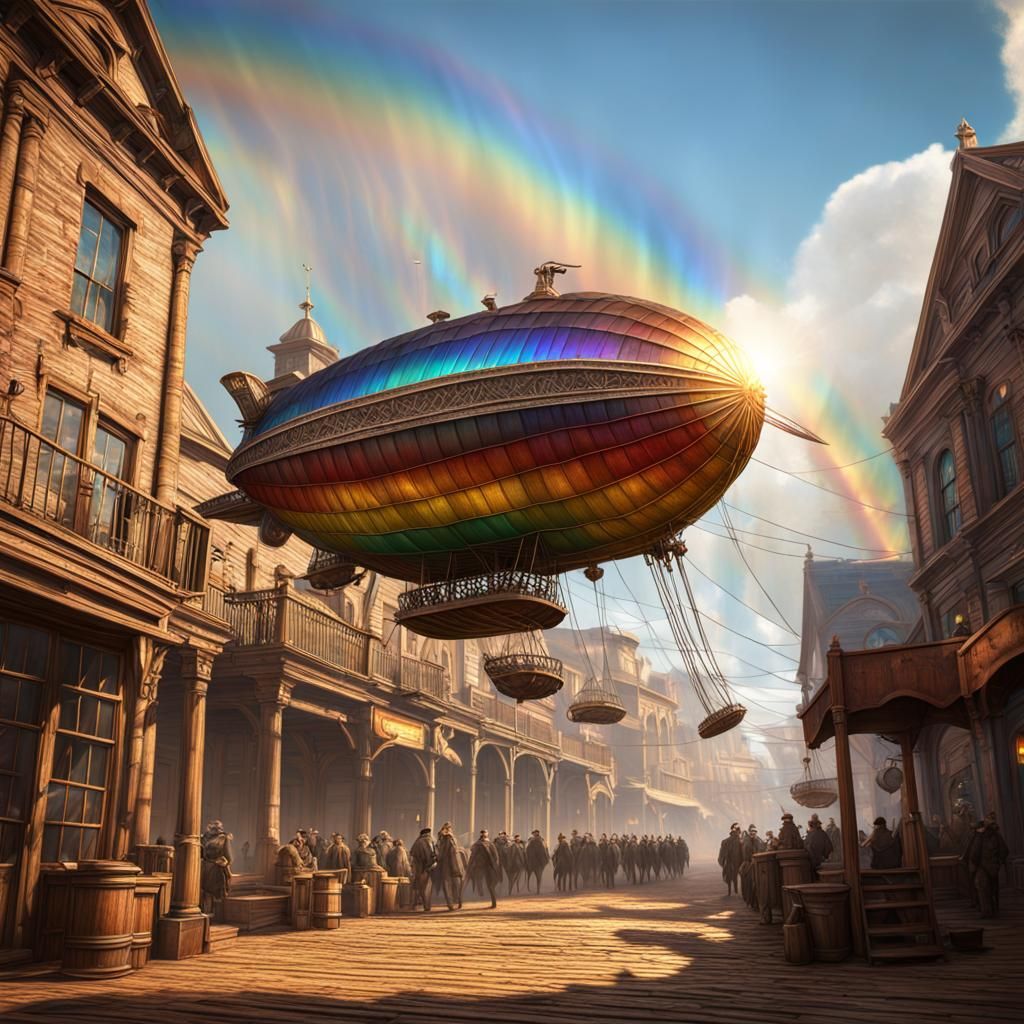 Old West Airship Town Square with Rainbow Rays