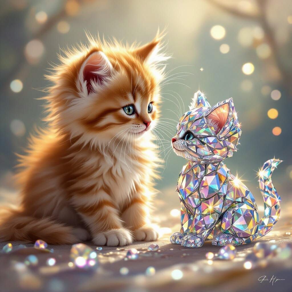 Golden Kitten Meets Diamond Kitten in Fantasy Landscape
