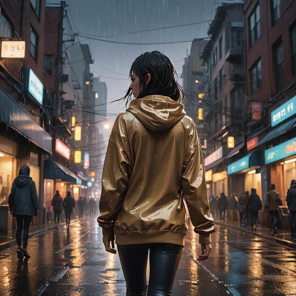 Rainy City Concept Art of Girl in Wet Hoodie