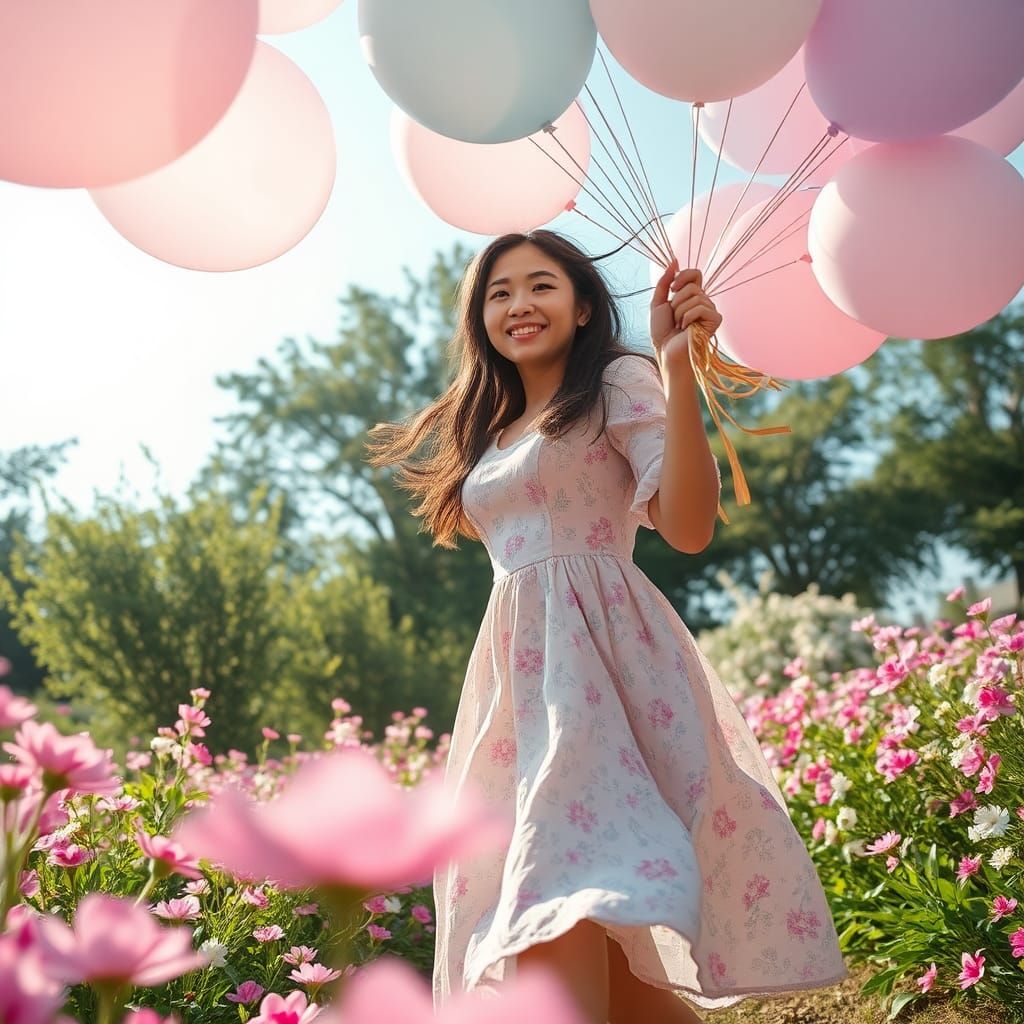 Japanese Woman in Pastel Flower Garden with Balloons