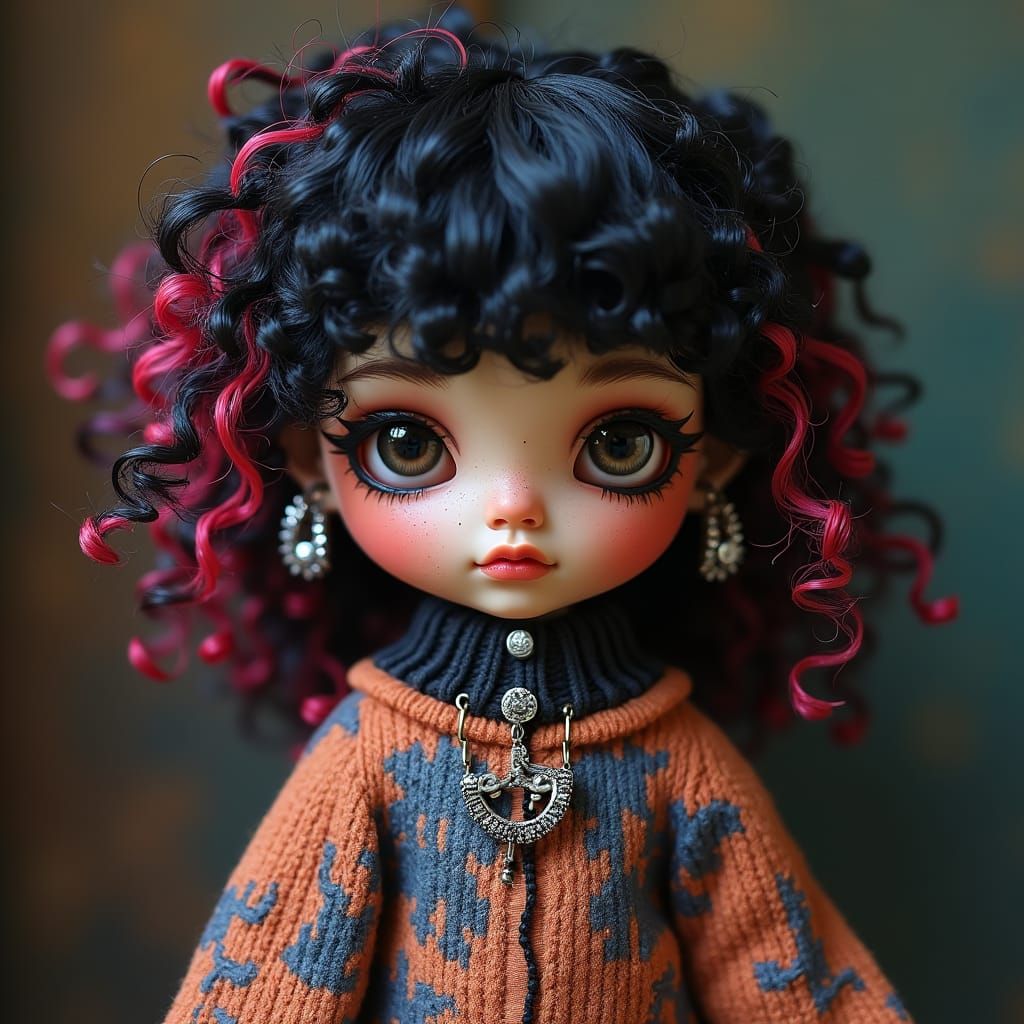 Blythe Doll with Black and Highlighted Hair, Digital Art