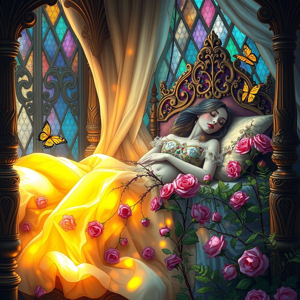 Mystical Princess in Stained Glass Dreamscape