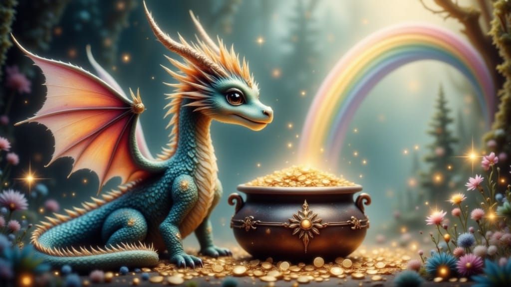 Rainbow Dragon Guarding Gold and a Majestic Rainbow