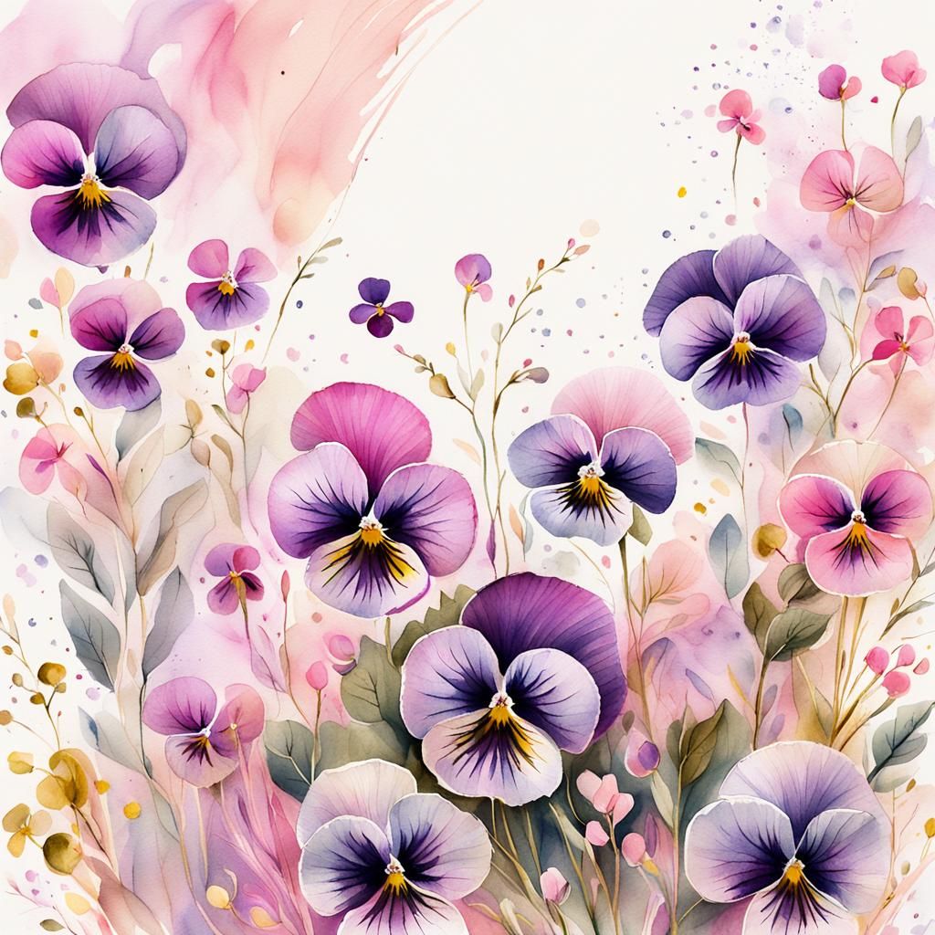 Abstract Watercolour Pansies with Embroidery Detail