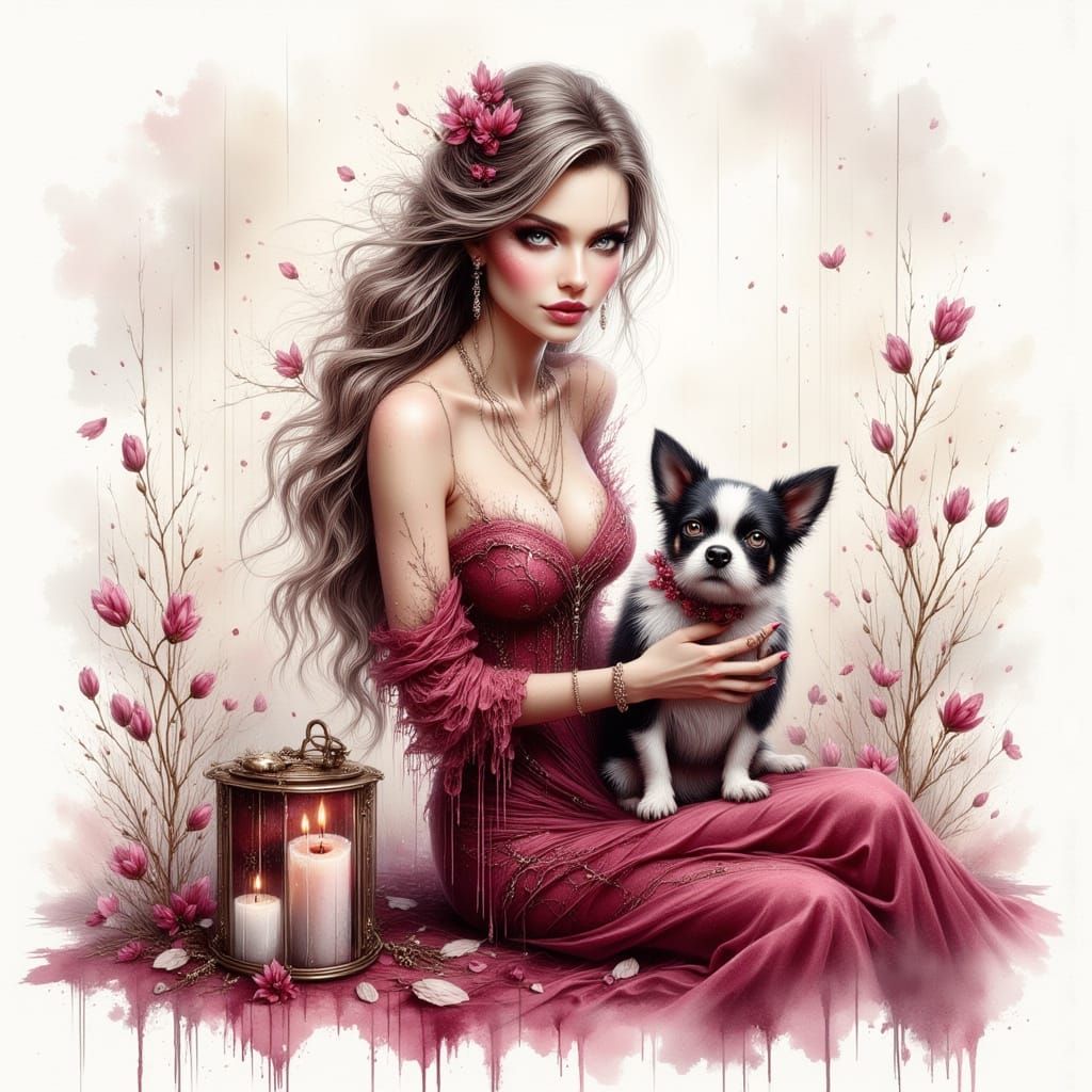 Elegant Woman in Burgundy Gown With Holly Hair