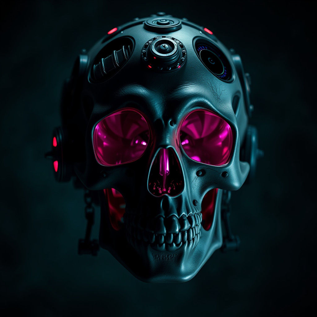 Mechanical Skull with Glowing Pink Fluid