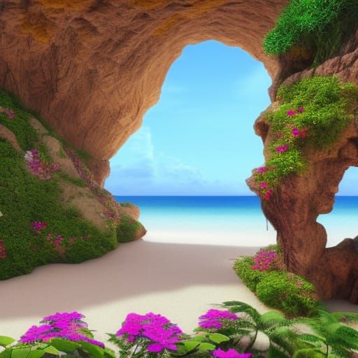 Lush Beach Cave with Palms and Flowers