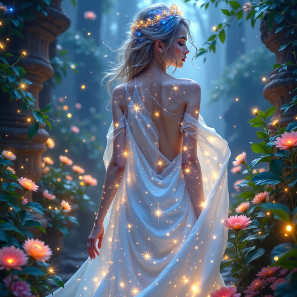 Celestial Goddess in Enchanted Garden with Stardust Skin