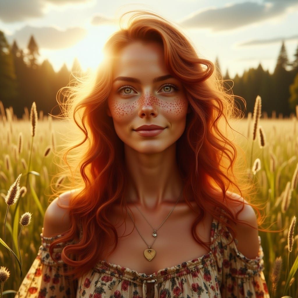 Sunlit Meadow: Hyperrealistic Portrait of Radiant Woman