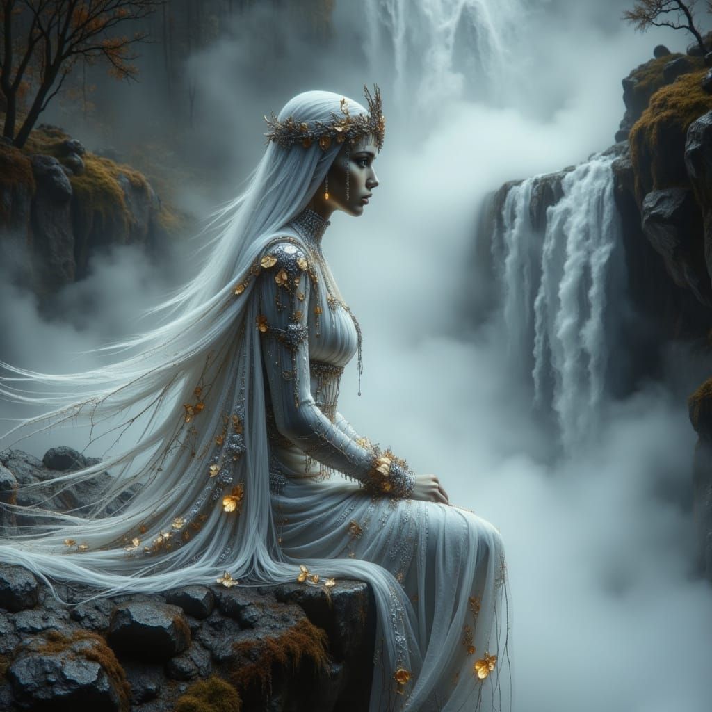 Ethereal Woman at Mystical Waterfall in Hyperrealistic Style