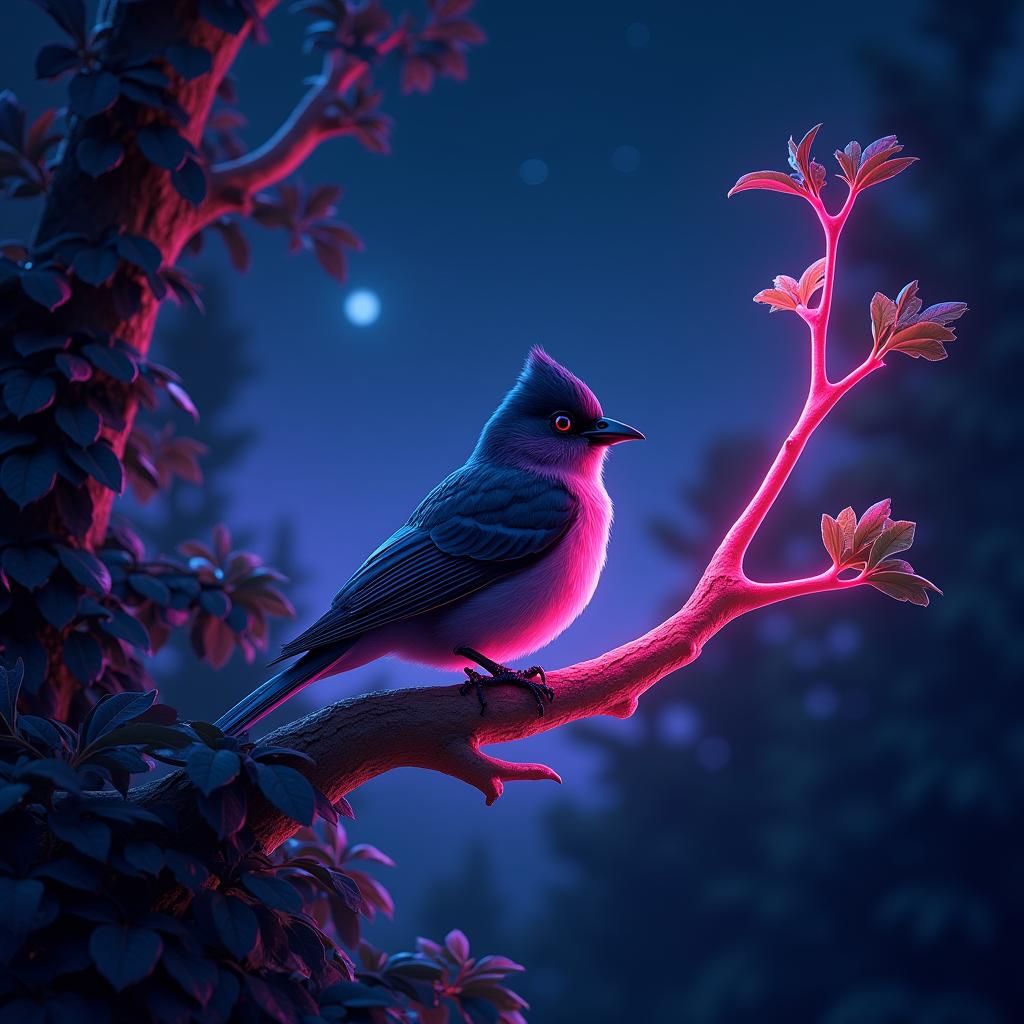 Neon Bird at Dusk in Detailed Matte Painting Style