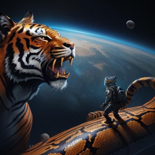 Tiger-Headed Space Serpent: Detailed Fantasy Art