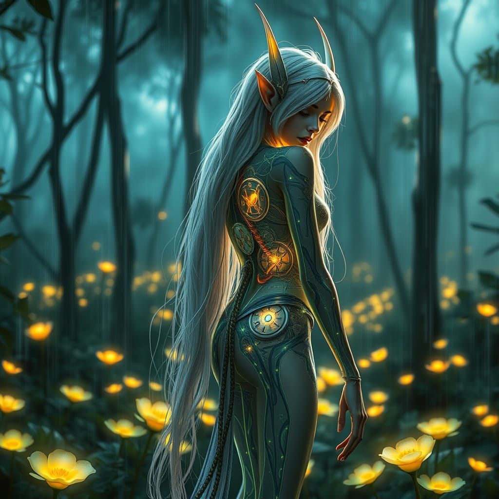 Bioluminescent Forest: Hyperrealistic Clockwork Elf in Summe...