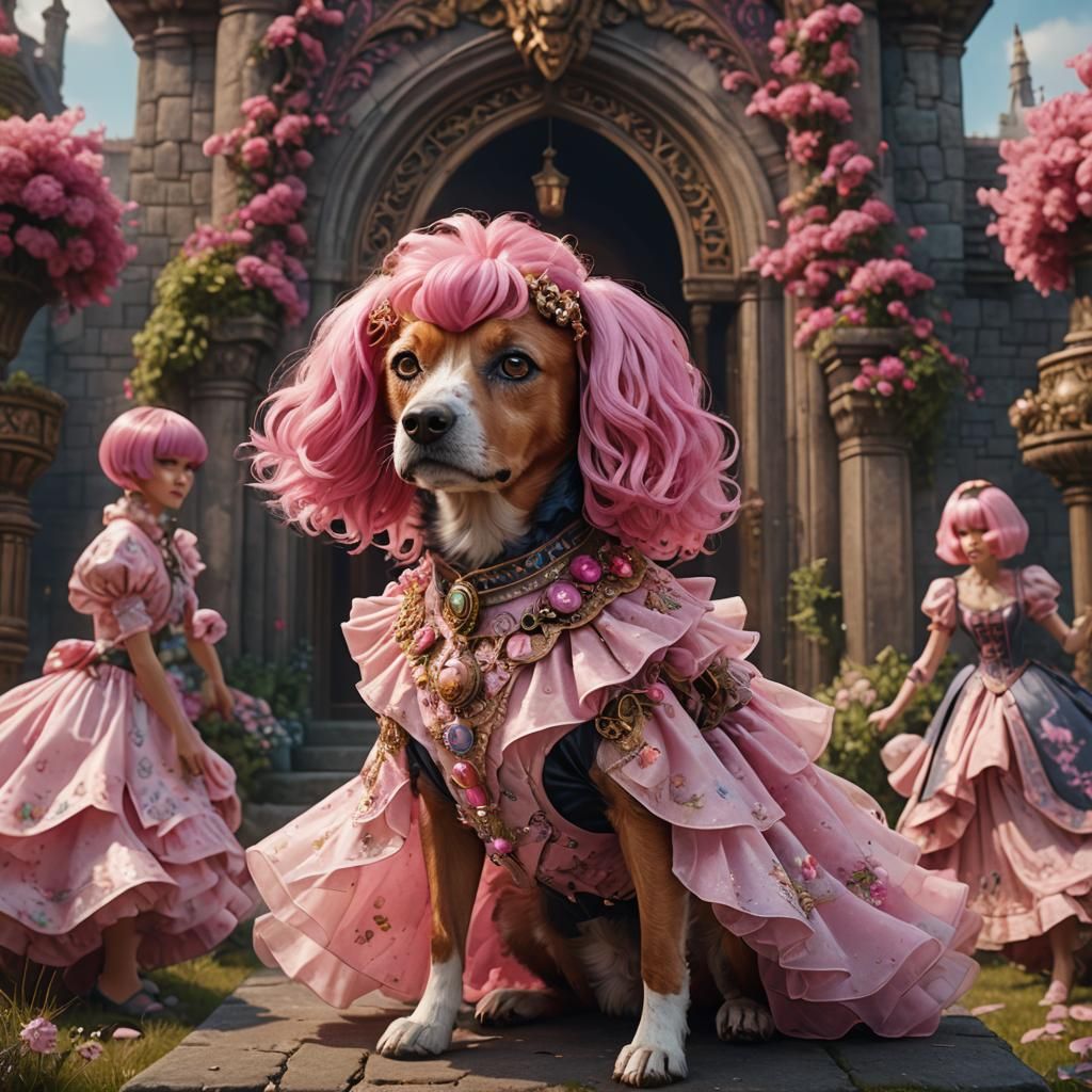 Dog in Pink Wig: Detailed Fantasy Concept Art