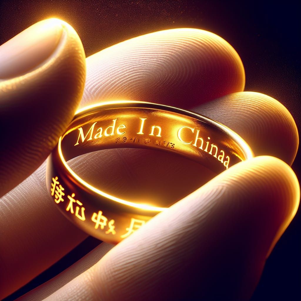 Gold Ring with Glowing Inscription 'MADE IN CHINA'