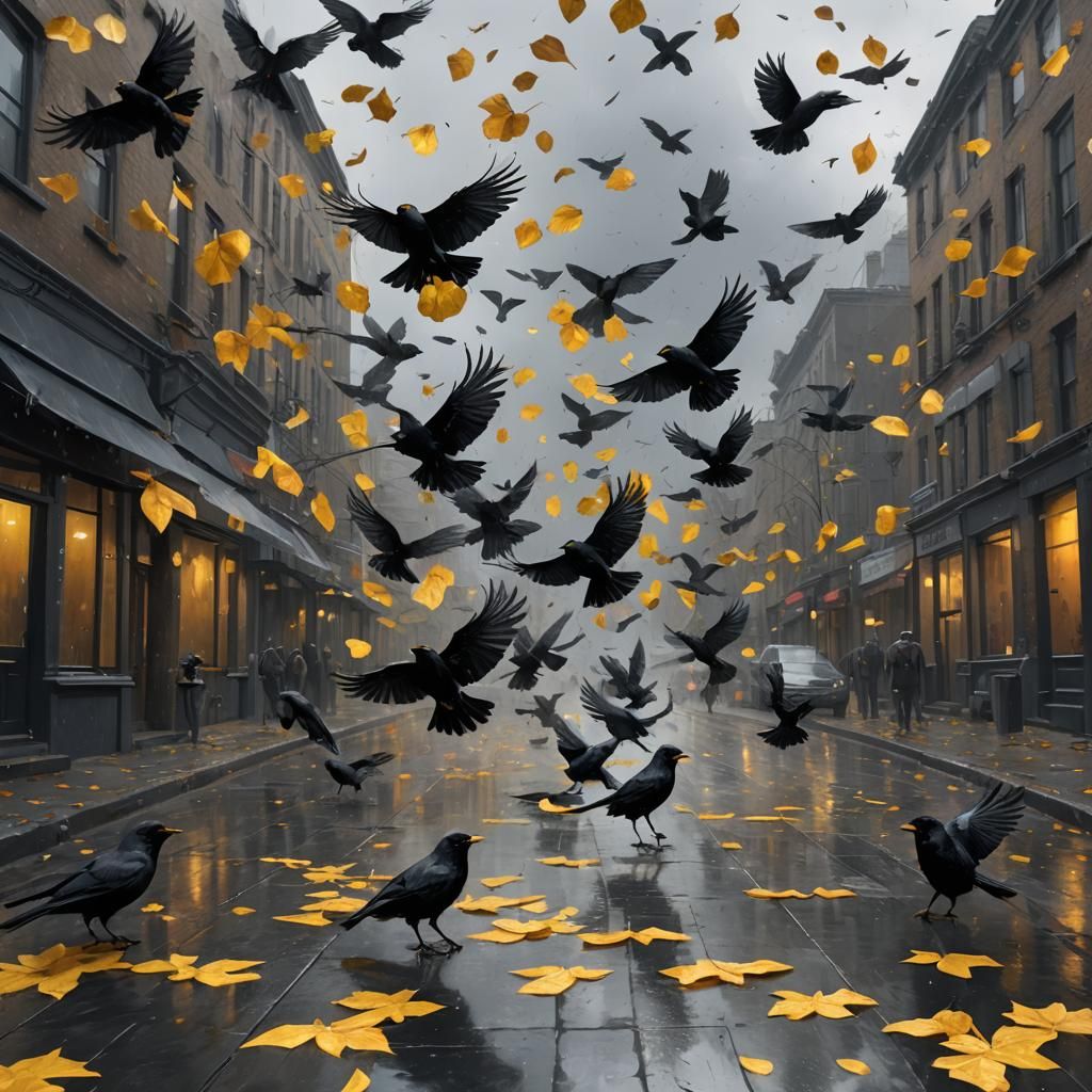 Hyperrealistic Leaves and Crows in Ominous Landscape