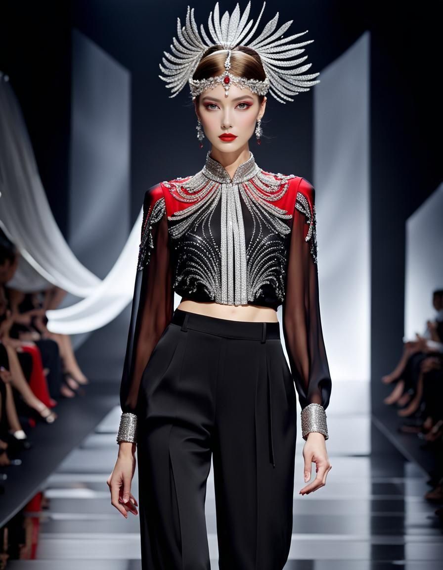 High Fashion Outfit in Armani Style, Catwalk Backdrop