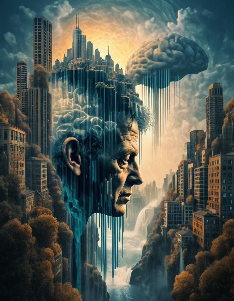 Psychedelic Waterfalls Flowing From Mind, Ultrarealistic Art