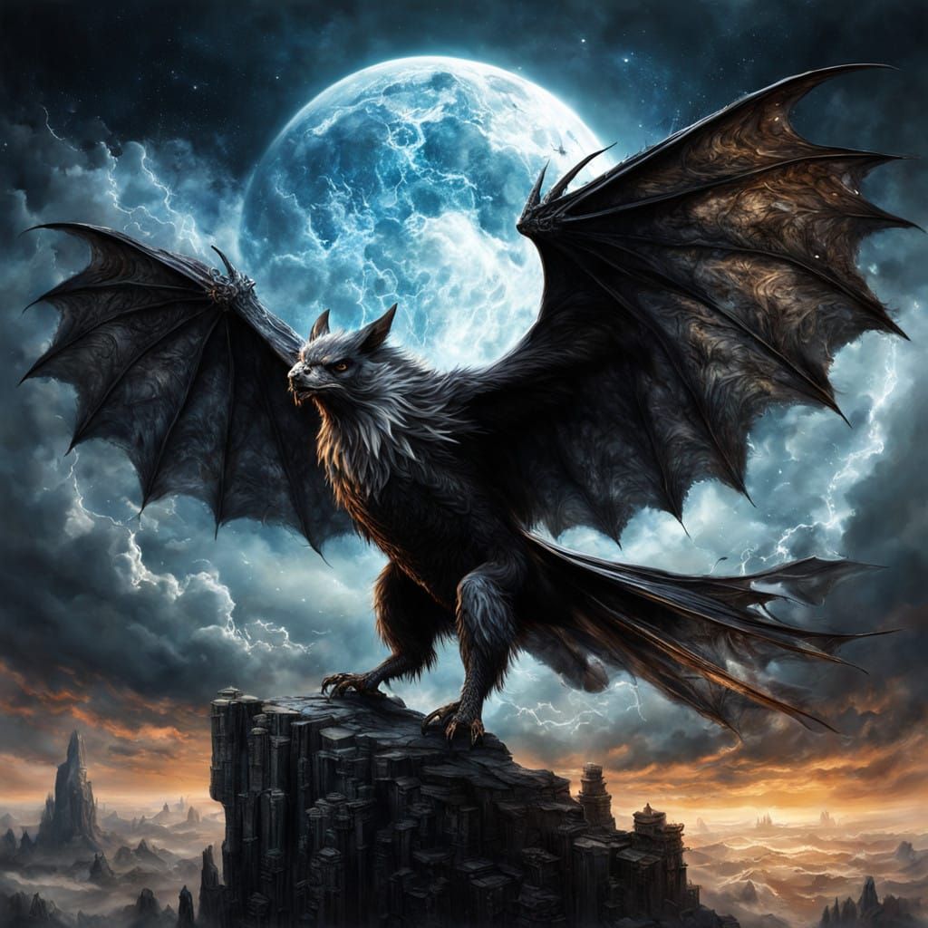 Majestic Half-Eagle Half-Bat Creature in Dark Fantasy Style