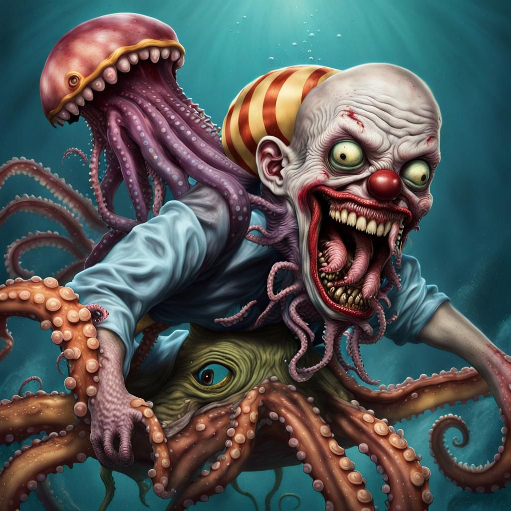 Zombie Sea Monkey Clown Rides Zombie Octopus