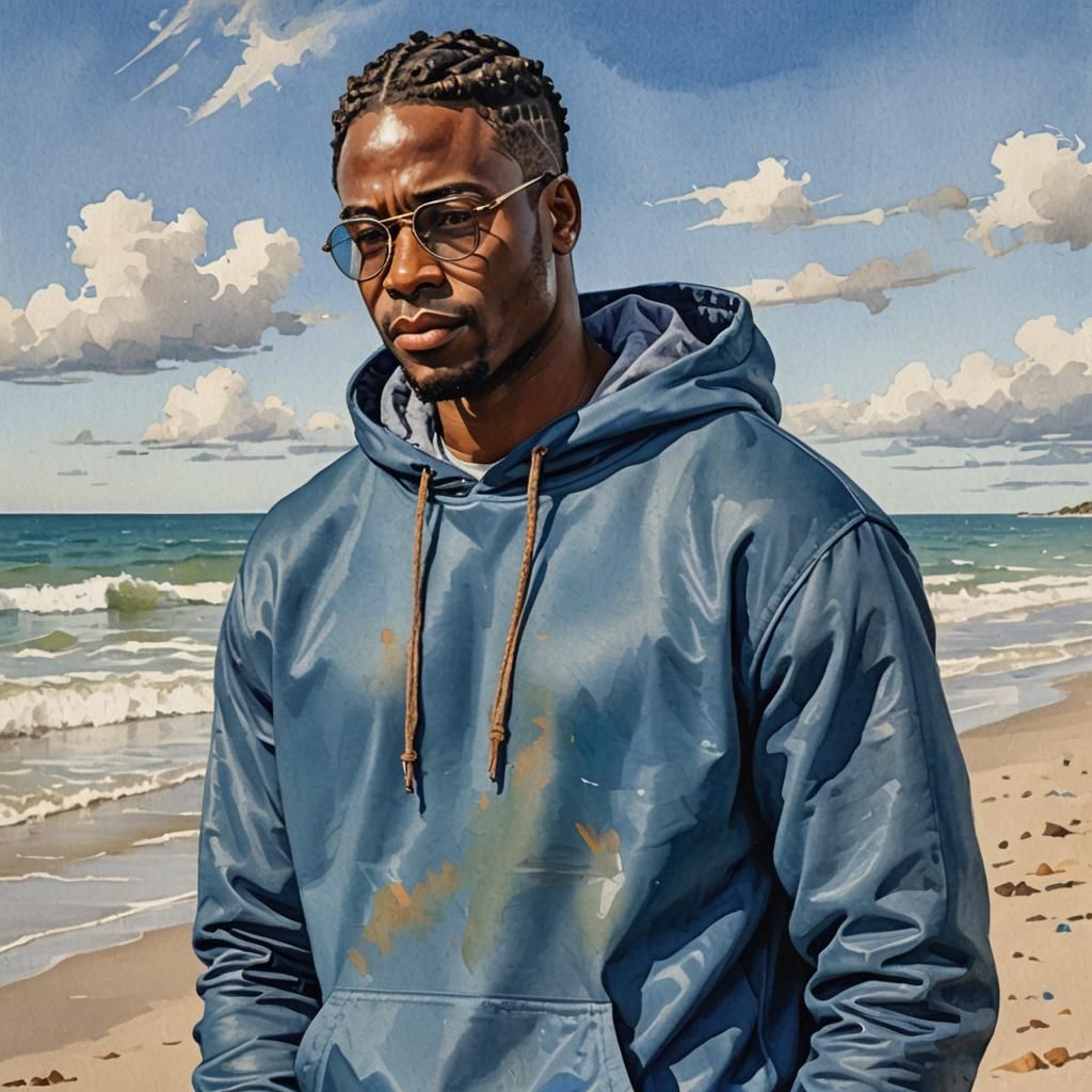 Man with Cornrows on Beach as Gouache Painting