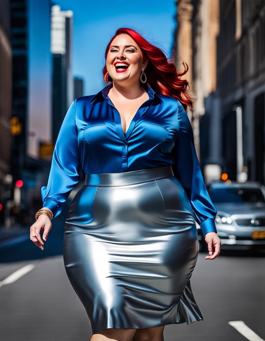 Edgy Woman in Blue Silk Shirt Walking in Modern City