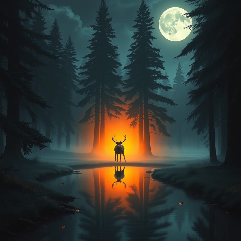 Mystical Forest Stag Silhouette in Reflective Water Path