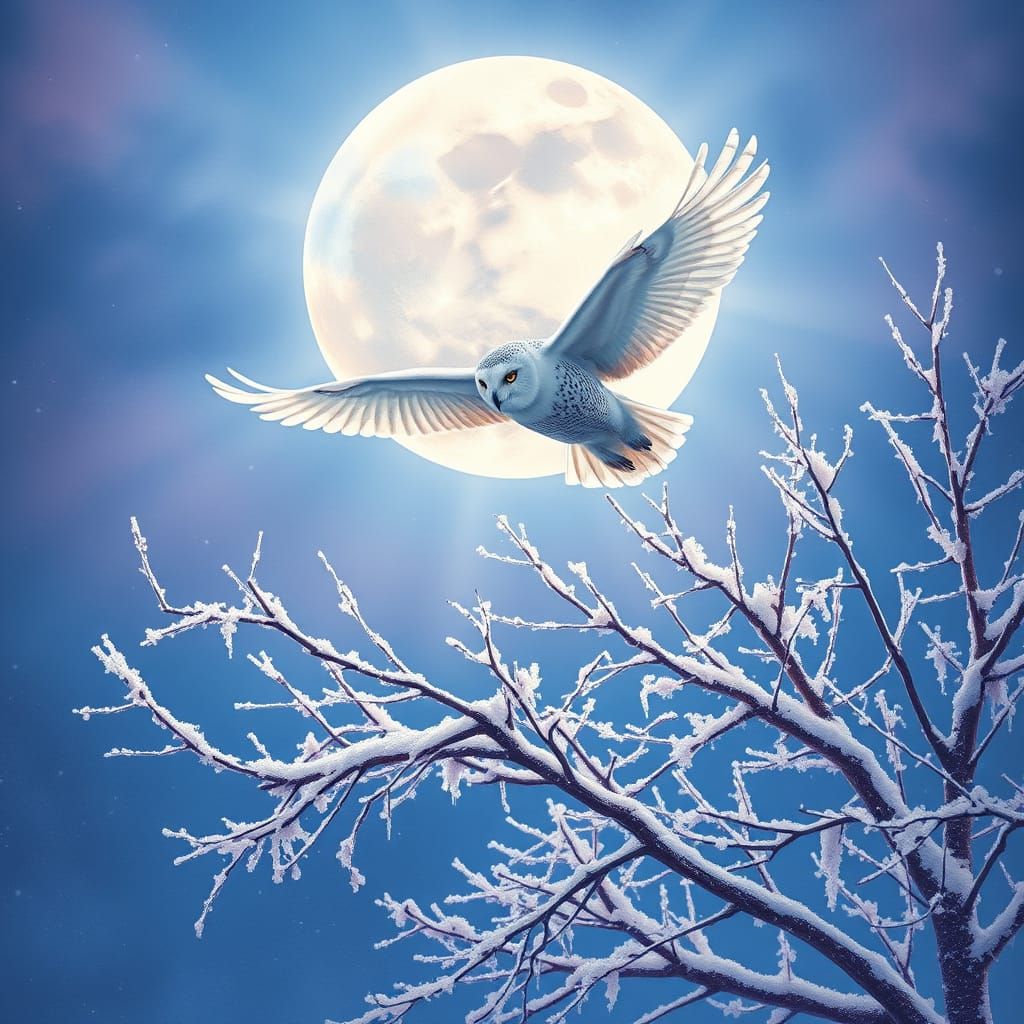 Ethereal Snow Owl soars through Dreamy Winter Moonlit Sky